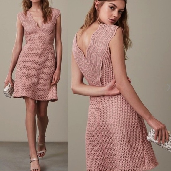 Reiss Marianna Structured Lace Fit And Flare Dress pink blush - Picture 1 of 7